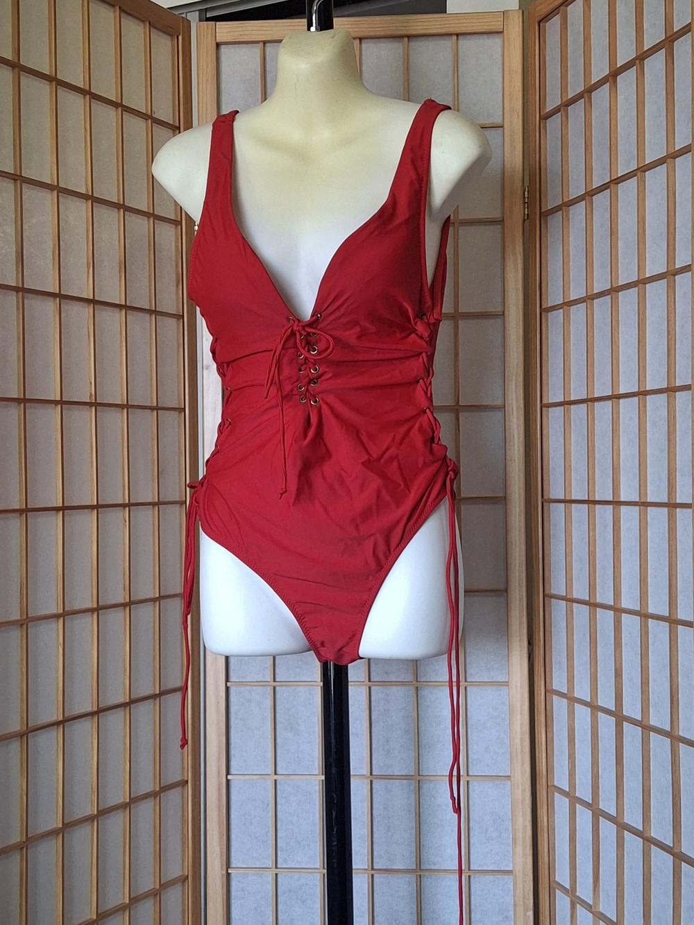 Red Lace-Up One-Piece Swimsuit